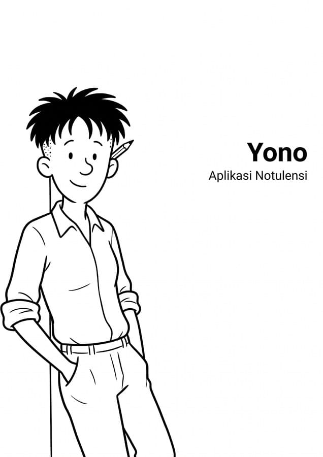 Ilustrasi garis seorang tokoh dengan pensil di telinga, berlabel Yono — Aplikasi Notulensi.